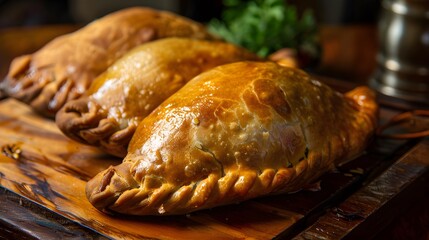 Empanada is a type of baked or fried pastry with filling of meat, cheese, tomato and others, common in spain and latin american countries - obrazy, fototapety, plakaty