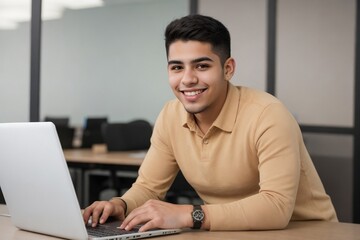Fototapeta premium IT Software Developer concept. Handsome young Hispanic developer is developing software with copy space.