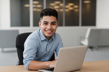 IT Software Developer concept. Handsome young Hispanic developer is developing software with copy space.