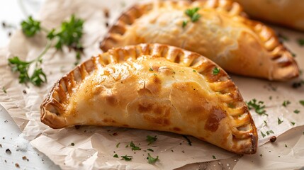 Empanada is a type of baked or fried pastry with filling of meat, cheese, tomato and others, common in spain and latin american countries - obrazy, fototapety, plakaty