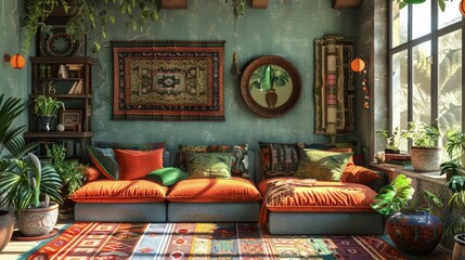 Bohemian living room filled with eclectic decor and vintage furniture, embodying comfort and artistic lifestyle, Concept of boho-chic interior design, personal expression, and cultural fusion 