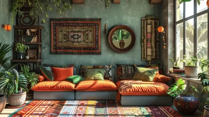 Photo sur Plexiglas Style bohème Bohemian living room filled with eclectic decor and vintage furniture, embodying comfort and artistic lifestyle, Concept of boho-chic interior design, personal expression, and cultural fusion 