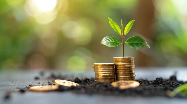 A resilient plant emerges from a bed of coins, its roots firmly anchored in the soil of financial growth.