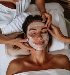 A woman is having a facial mask applied to her face during a beauty treatment at a salon