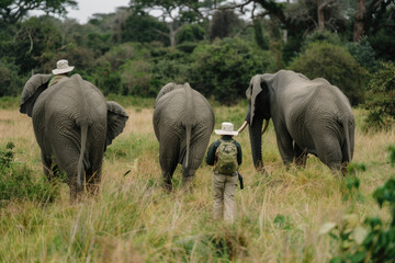 Three elephants were walking through the grassy field with two people in white hats and green pants standing next to them