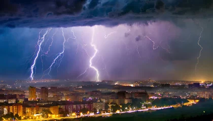 Gartenposter Generated image of lightning over the city © Alena Shelkovnikova