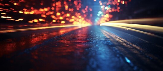 A car with automotive lighting driving along a wet asphalt road under an electric blue sky, with blurry clouds and the reflection of street lights on the water surface - obrazy, fototapety, plakaty