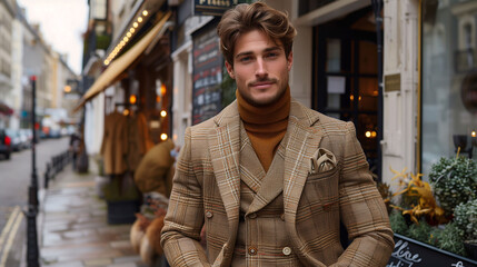 Naklejka premium Stylish man in a herringbone coat and turtleneck posing on a city street with quaint buildings and shops in the background.