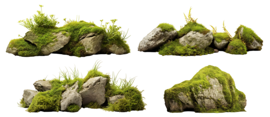 Set of moss-covered rocks in natural settings, cut out