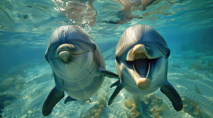 Two cute dolphins smiling at the camera underwater, close up with an ocean background