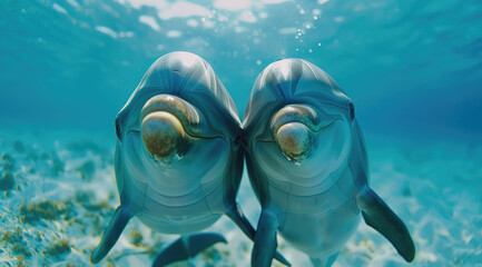 Two cute dolphins smiling at the camera underwater, close up with an ocean background - obrazy, fototapety, plakaty