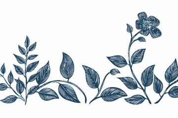 Detailed drawing of various leaves and flowers beautifully arranged on a white background - obrazy, fototapety, plakaty