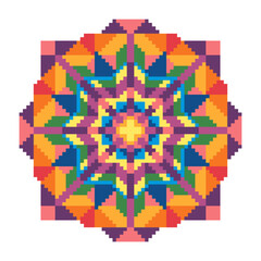 Abstract geometric triangle kaleidoscope mandala pixel art design symbol - symmetric vector art pattern from colored triangles. 8-bit. Isolated vector illustration.