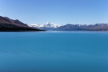 Scenic view of Lake Pukaki and Mount Cook in New Zealand.