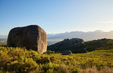 Closeup of Paarl Rocks and Paarl at the mountains of Paarl under the blue sky in South Africa
