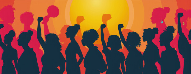 Silhouetted individuals stand united with raised fists as a symbol of solidarity and strength against a backdrop of a fiery sunset - obrazy, fototapety, plakaty