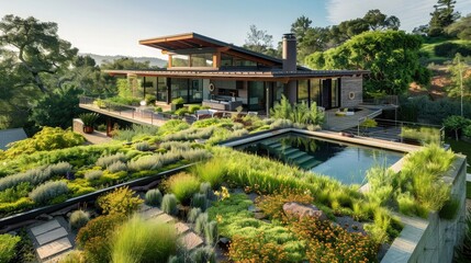 Eco-friendly suburban home with a living green roof, solar panels, and sustainable landscaping, blending modern design with environmental consciousness