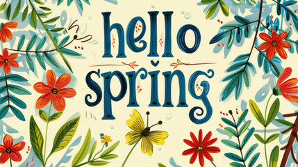A close-up of a card featuring the words hello spring in elegant lettering, set against a pastel background - obrazy, fototapety, plakaty