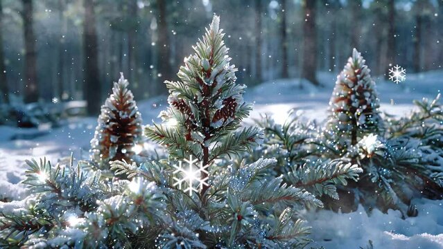 Snow-laden pine trees, sunlight sparkles, a captivating 4k looping Christmas video backdrop.