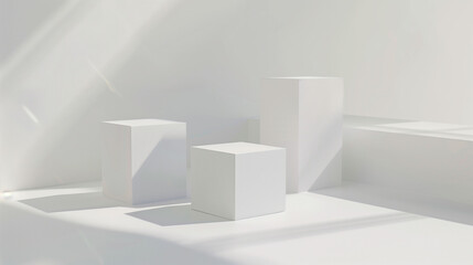 Minimalistic white cubes and shapes in sunlight