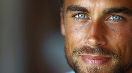 Fototapeta premium Close-up of a smiling man with blue eyes and stubble. Warm lighting with soft focus on the background.