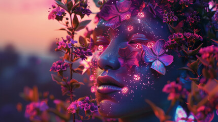 A womans face merges with vibrant flowers and butterflies, illuminated by a soft, mystical twilight glow