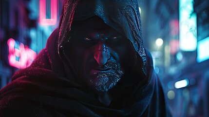 A fierce man with a determined gaze, wearing a black cloak with a hood, emerges under the glow of neon lights. A warrior from a fantasy world, he stands as a symbol of the future in science fiction.