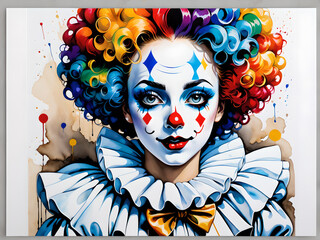 Illustration of a clown woman with a painted face and makeup.
