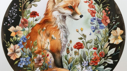 Fototapeta premium A finely detailed painting of a fox amidst vibrant flowers adorns a decorative ceramic plate