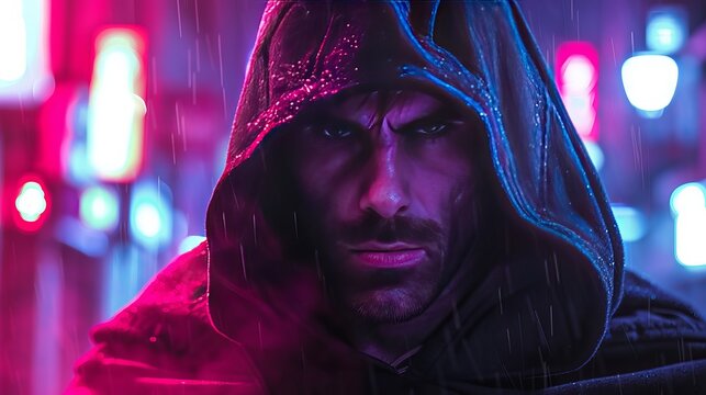 A fierce man with a determined gaze, wearing a black cloak with a hood, emerges under the glow of neon lights. A warrior from a fantasy world, he stands as a symbol of the future in science fiction.