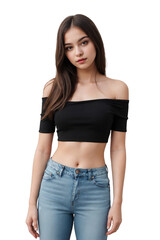Fototapeta premium Gorgeous young woman with straight hair wearing off shoulder crop top and high-waisted jeans posing on a transparent background.