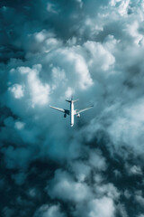 Top view of an airplane flying in the sky