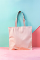 Pink bag on pink and blue background. Minimal style.
