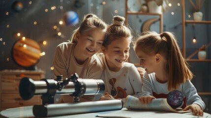 A happy Caucasian mother and daughter are learning about astronomy together at home. They are reading a book about planets and stars and using a telescope.