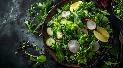 Vegan salad with vegetables and green leaves, top view on dark table