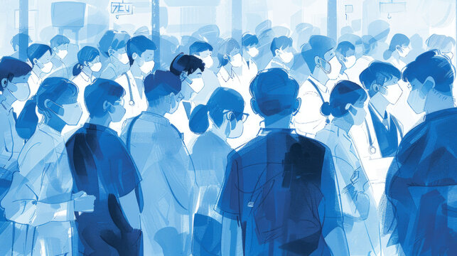 Masked individuals in a bustling city commute, capturing the essence of public life amidst a health crisis