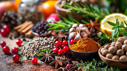 herbs spices and fruit used in herbal medicine - obrazy, fototapety, plakaty