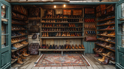 Vintage shoe store interior with wooden shelves filled with various leather shoes and a cozy, rustic ambiance. - obrazy, fototapety, plakaty