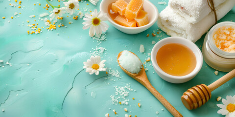 Tasty and healthy honey on white wooden table with flowers of chamomile  - obrazy, fototapety, plakaty