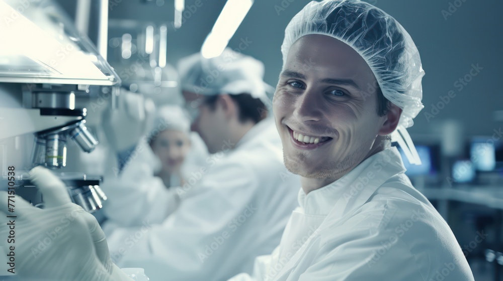 Poster a male scientist with a protective cap and lab coat is smiling at the camera while working with a mi