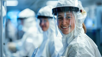 A female scientist wearing a cleanroom suit and face shield smiling at the camera in a high-tech laboratory environment