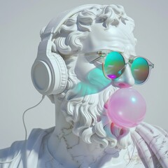 A digital artwork juxtaposing classical ancient sculpture with contemporary elements, fusing history and modernity through the depiction of a philosopher wearing headphones and sunglasses, blowing a 