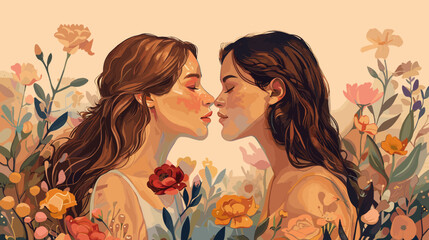 Watercolor painting illustrations  moment between two women sharing a kiss and backdrop adorned with intricate flowers