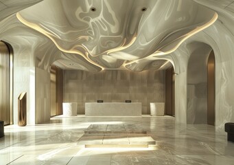 Elegant and contemporary design defines this luxurious hotel lobby, with its abstract ceiling, marble floors, and warm lighting - obrazy, fototapety, plakaty