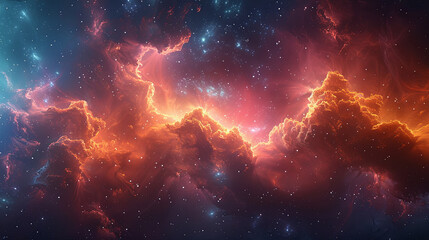A mesmerizing nebula in space adorned with twinkling stars and colorful clouds, creating a breathtaking celestial scene - obrazy, fototapety, plakaty