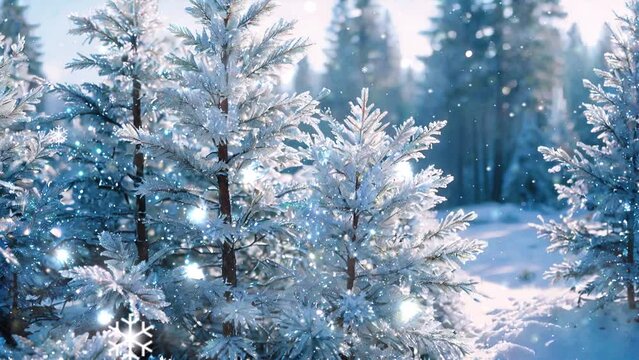 Pine trees draped in snow, sunlight gleams, an enchanting 4k looping Christmas video background.