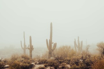 View of tall Saguaro cacti in an Arizona desert landscape, covered in a blanket of fog © Wirestock
