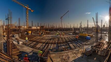 A panoramic view of a construction site shows numerous workers and cranes engaged in the construction of new buildings.