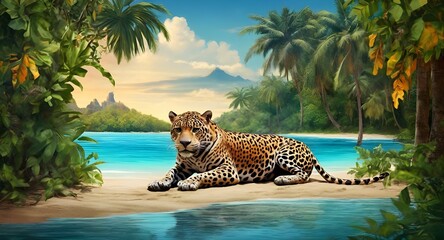 beautiful jungle beach lagoon view with a jaguar, palm trees and tropical leaves, can be used as background - obrazy, fototapety, plakaty