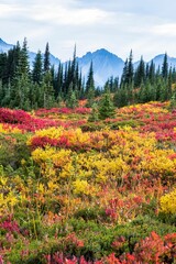 Vertical shot of a field of vibrant flowers against green trees and mountains